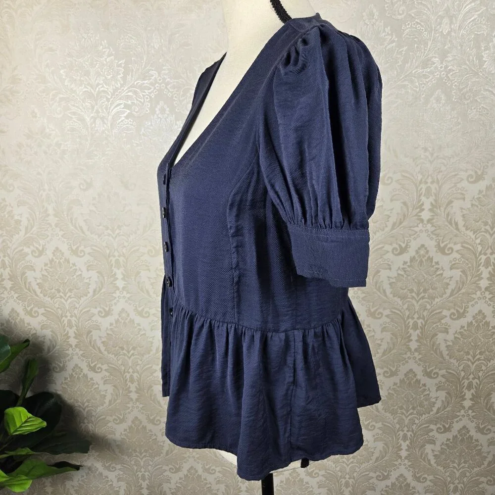 Madewell Size Small Navy Blue Peplum Top Puff Sleeves Vneck Button Front